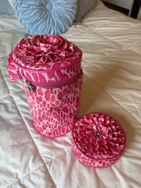 Mud Pie Hot Pink Leopard Print Round Cosmetic Cases with Ruffled Rosette